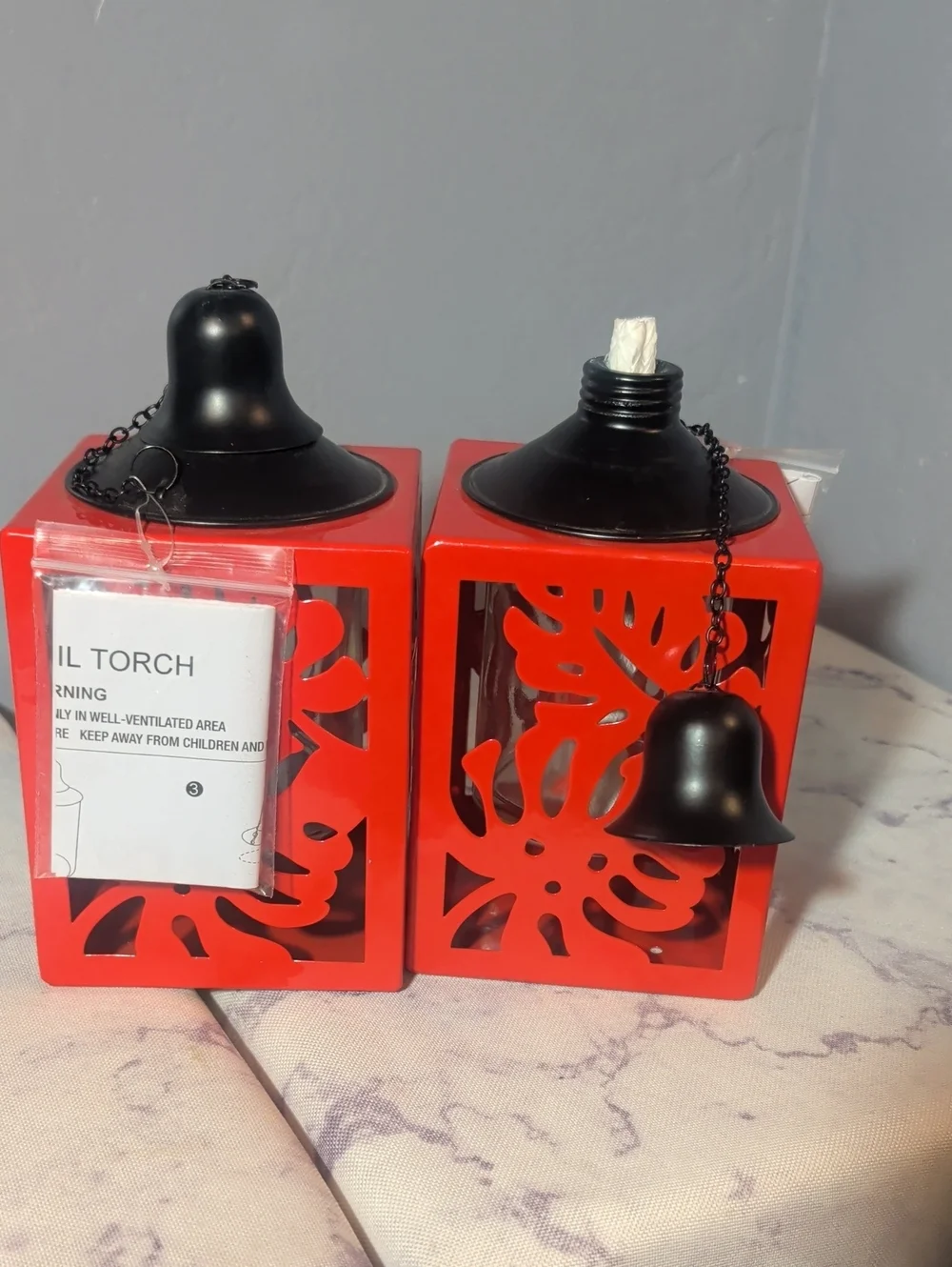 Decorative Red Metal Lantern Oil Torch - Set of 2